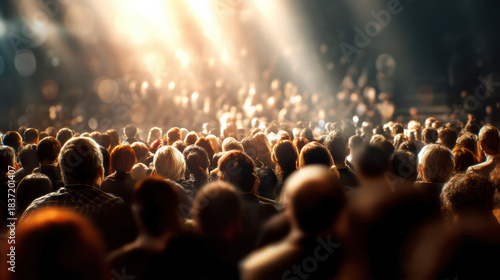 A large crowd of people gathers in a dimly lit venue, illuminated by bright spotlights creating an atmospheric and exciting experience for the ence.