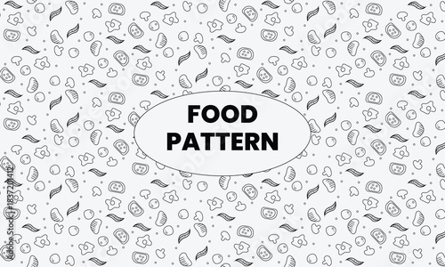 Seamless pattern with hand drawn food doodles and the word food in the center