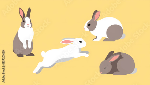Collection of four stylized rabbits in various poses (sitting, running, resting) with brown, white, and gray fur against a soft yellow background.