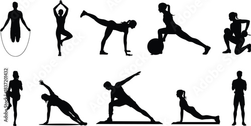 Silhouettes of People Practicing Yoga, Fitness, Cardio, Stretching, Strength Training, Wellness, Balance, Healthy Lifestyle, Meditation, and Exercise Poses