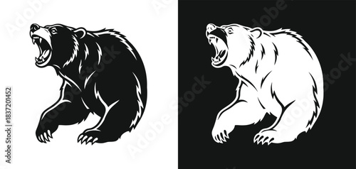 Roaring bear illustration in black and white with positive and negative space versions