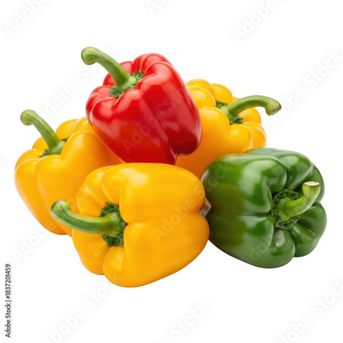 A vibrant assortment of bell peppers, including red, yellow, and green, isolated on transparent background, showcasing their fresh and colorful appearance