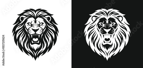 Majestic lion head illustration in black and white with contrasting backgrounds