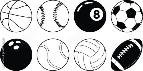 Silhouettes of Sports Balls Including Basketball, Soccer, Baseball, Tennis, Bowling, Volleyball, Billiards, American Football, Athletic Equipment, and Game Icons
