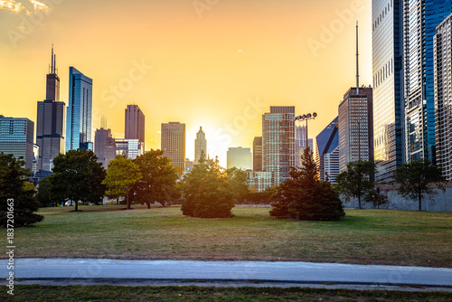 Chicago, USA. Chicago skyline and lake view park sunset view