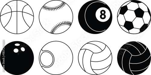 Silhouettes of Sports Balls Including Basketball, Soccer, Baseball, Tennis, Bowling, Volleyball, Billiards, Athletic Equipment, Game Icons, and Vector Design
