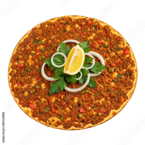 Delicious lahmacun topped with fresh parsley, onion rings, and a lemon wedge isolated on transparent background, a popular turkish flatbread with a flavorful minced meat topping