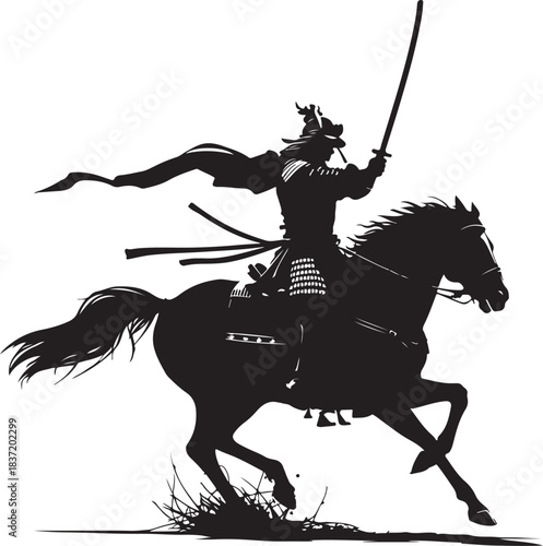 Silhouette of a samurai warrior on horseback in action