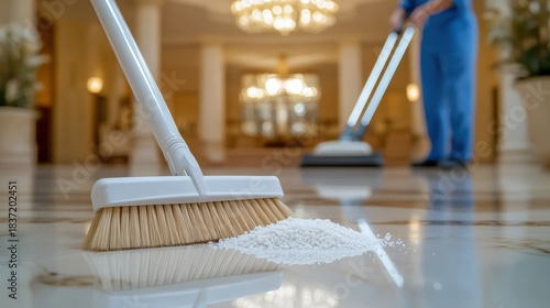 Wallpaper Mural A cleaning scene showing a broom and dustpan with dust on a polished floor in a spacious, well-lit area. Torontodigital.ca