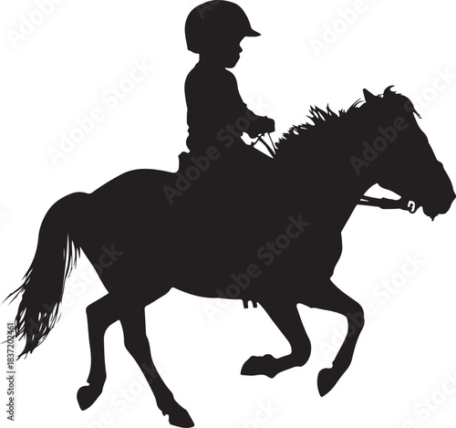 Silhouette of a child riding a horse in motion