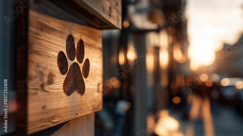 Wooden Paw-Print Sign Outside Building at Sunset