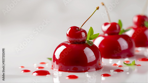 白い背景に並んだ光沢のある赤いチェリーのドーム型ムースケーキ