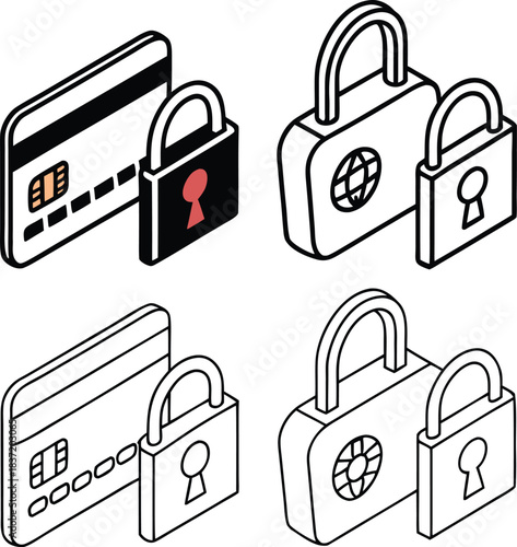Isometric Credit Card and Padlock Security Icons Vector Set - E-commerce and Data Protection