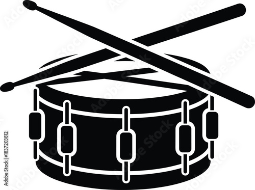 Snare drum, crossed drumsticks, percussion silhouette, music rhythm icon, marching band element, black white sketch, cad drawing flat vector illustration