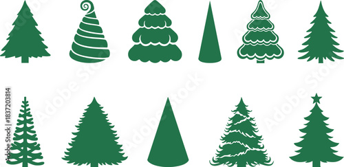 Set of Green Christmas Tree Silhouettes on White Background holiday decoration