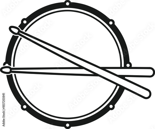 Snare drum, crossed drumsticks, percussion silhouette, music rhythm icon, marching band element, cad drawing flat vector illustration for stock design