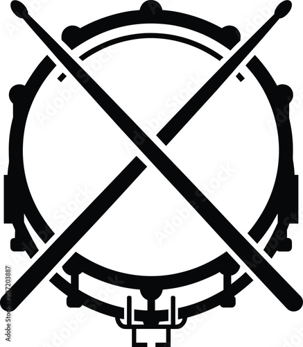 Snare drum, crossed drumsticks, percussion symbol, music rhythm icon, marching band silhouette, cad drawing flat vector illustration for stock content
