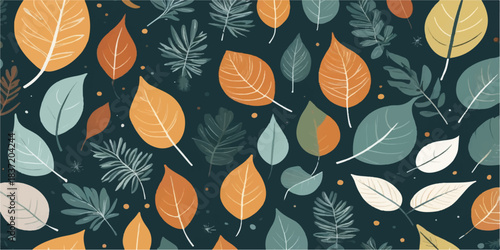 Seamless pattern of autumn leaves in warm and cool tones on a dark background, representing seasonal change.