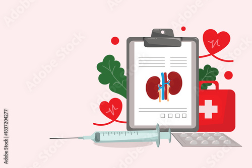 World Kidney Day Health Background. Medical concept illustration with kidney report, syringe, first aid kit, and pills. 