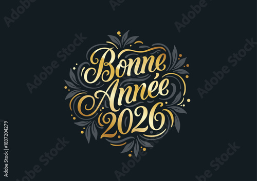Lettrage doré « Bonne Année 2026 » avec ornements décoratifs sur fond sombre, idéal pour cartes et projets de vœux du Nouvel An.