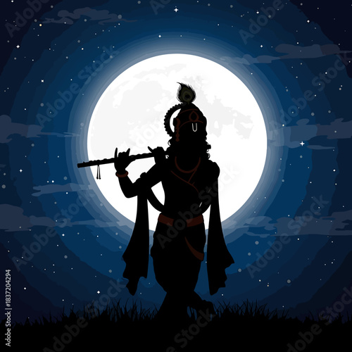 Silhouette of Lord Krishna playing the flute against a large full moon and starry night sky with grass