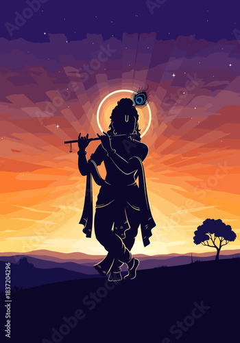 Silhouette of Lord Krishna playing flute against a vibrant sunset sky with mountains and a lone tree