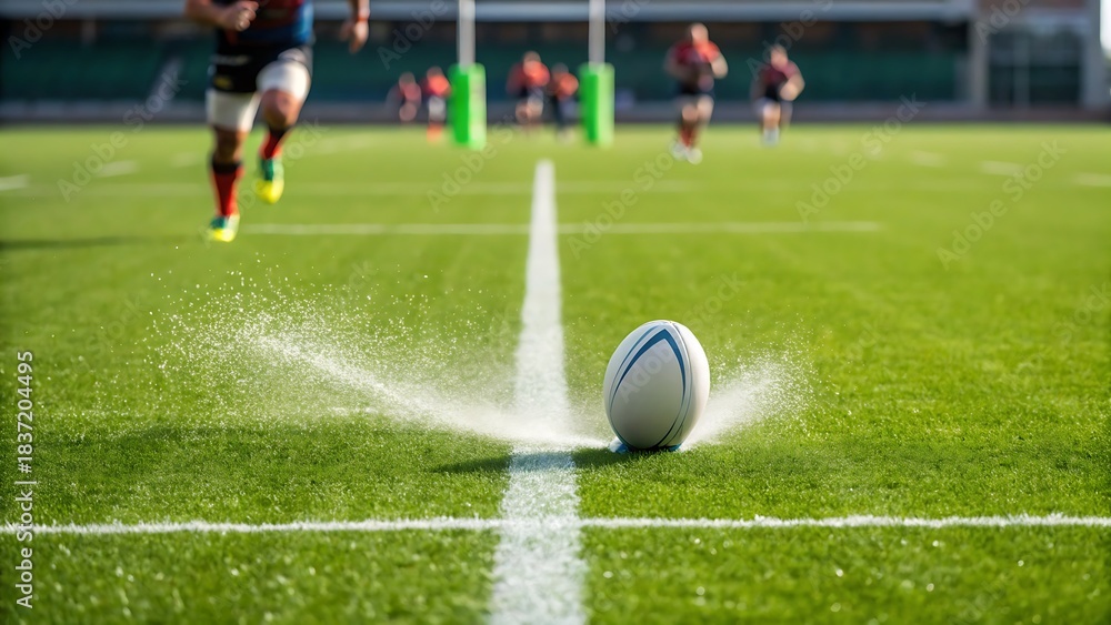 Fototapeta premium Dynamic rugby ball on field with players running in background shows team sport action