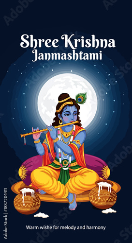 Shree Krishna Janmashtami Celebration With Lord Krishna Playing Flute Under Full Moon And Decorated Dahi Handi Pots