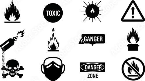 Set of Warning Symbols Including Flame, Toxic, Danger, Gas Mask, Skull and Crossbones, and No Fire Icons