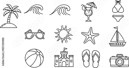 Set of summer vacation icons featuring a palm tree, waves, cocktail, bikini, sunglasses, sun, starfish, sailboat, beach ball, castle, flip-flops, and camera.