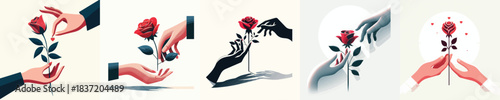 Hand giving roses. Valentine theme. Vector, minimalist, illustration, icon set.