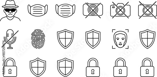 Set of icons representing privacy, security, face recognition, and health precautions, isolated on white background