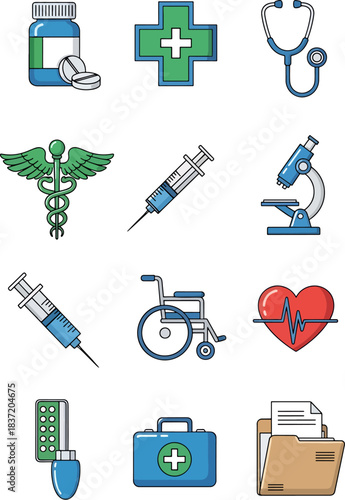 Set of Medical Healthcare Icons Including Stethoscope, Syringe, Pills, Microscope, Wheelchair, and First Aid Kit