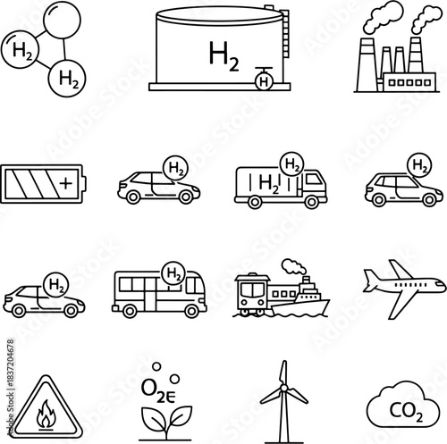 Set of Hydrogen Energy Icons Hydrogen Fuel Cell Vehicles Factory Wind Turbine Battery And CO2 Emissions