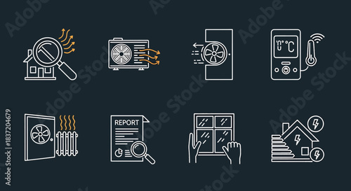 Set of HVAC and Energy Efficiency Icons Featuring House Inspection, Air Conditioner, Ventilation, Thermometer, Radiator, Report, Window, and Energy Label