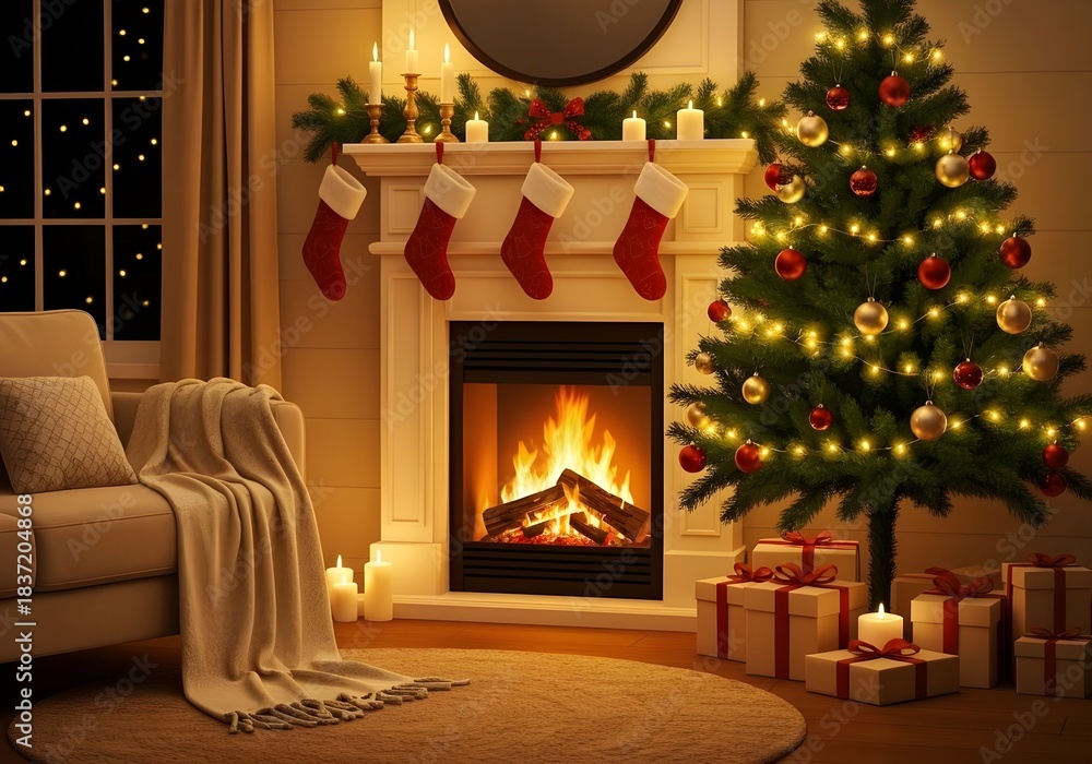 Fototapeta premium Cozy Christmas Living Room With Fireplace and Decorated Tree