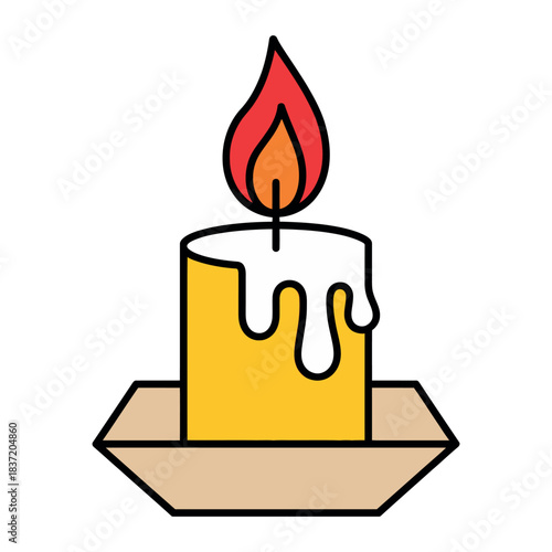 A simple yellow wax candle burns brightly atop a brown wooden base creating a warm glow.