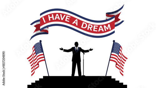 Silhouette of man delivering speech with American flags and banner  