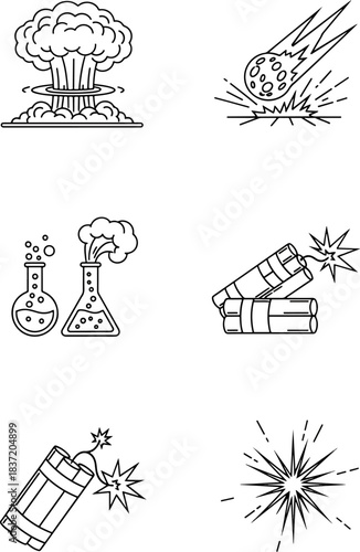 Set of explosion icons, nuclear bomb mushroom cloud, falling meteor, chemical flasks, dynamite sticks, and abstract explosion burst on white background