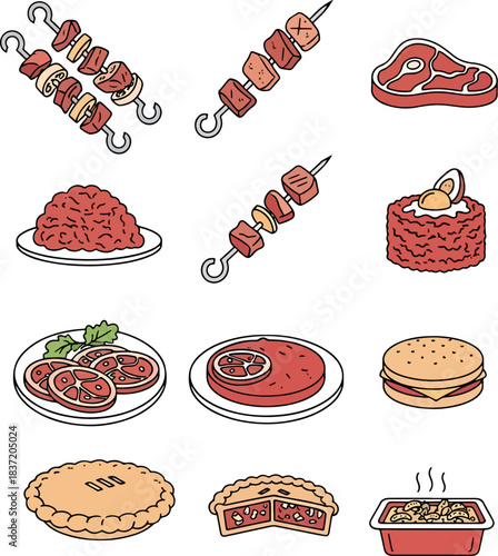 Set of Delicious Food Illustrations Including Steaks, Kebabs, Pies, Burgers, and Other Prepared Dishes