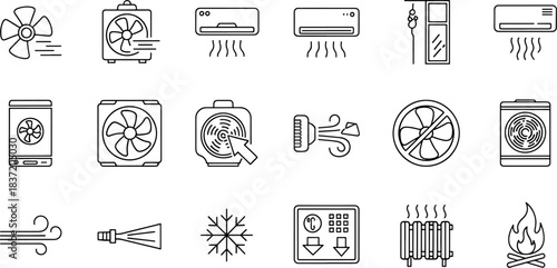 Set of climate control icons fans air conditioners heaters snowflakes and fire symbols isolated on white background