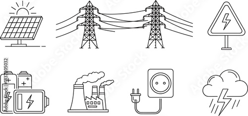 Set of clean line art icons depicting various energy sources and related electrical concepts including solar panel, power lines, battery, factory, and lightning.