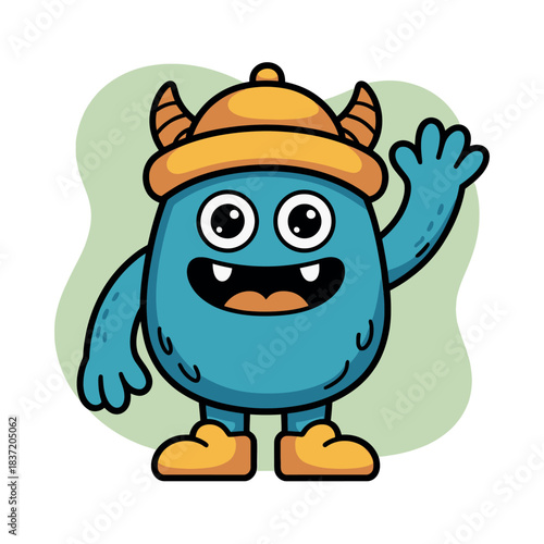 A friendly blue cartoon monster with horns and a hat waves hello