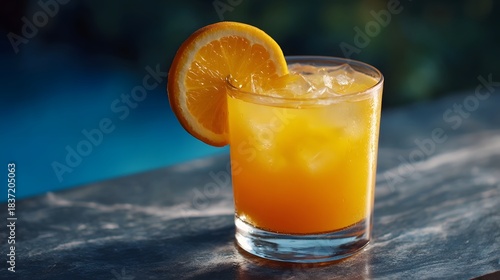Refreshing orange cocktail with ice and a fresh orange slice garnish served by a tranquil pool