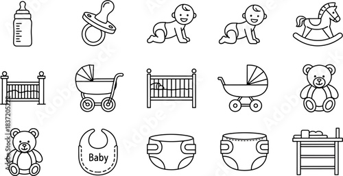 Set of baby care icons for newborn items like bottles, pacifiers, cribs, strollers, and toys, all in a clean line art style