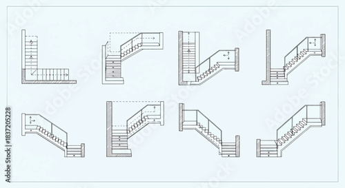 Set of Architectural Staircase Designs with Different Configurations Hand Drawn Style Vector Illustrations