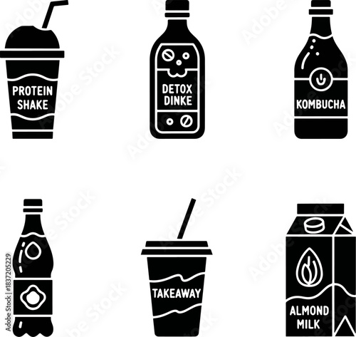Set of 6 Black Icons of Various Drinks Protein Shake Detox Dinke Kombucha Bottle Takeaway Cup Almond Milk Carton