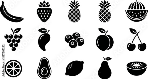 Set of 15 Various Fruits Icons Flat Design Collection Vector Silhouette Isolated on White Background for Healthy Food Concept