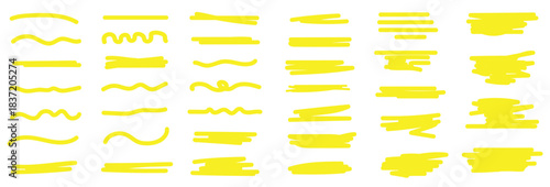 Hand drawn brush elements  Yellow brush stroke underline ,Yellow highlight marker lines. Vector illustration