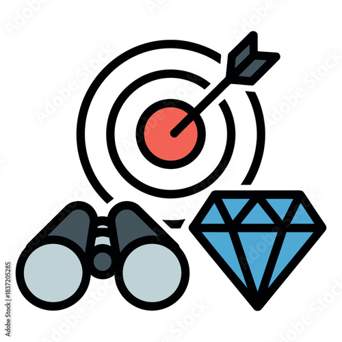Binoculars, a diamond, and a target with an arrow represent strategy, goals, and value.